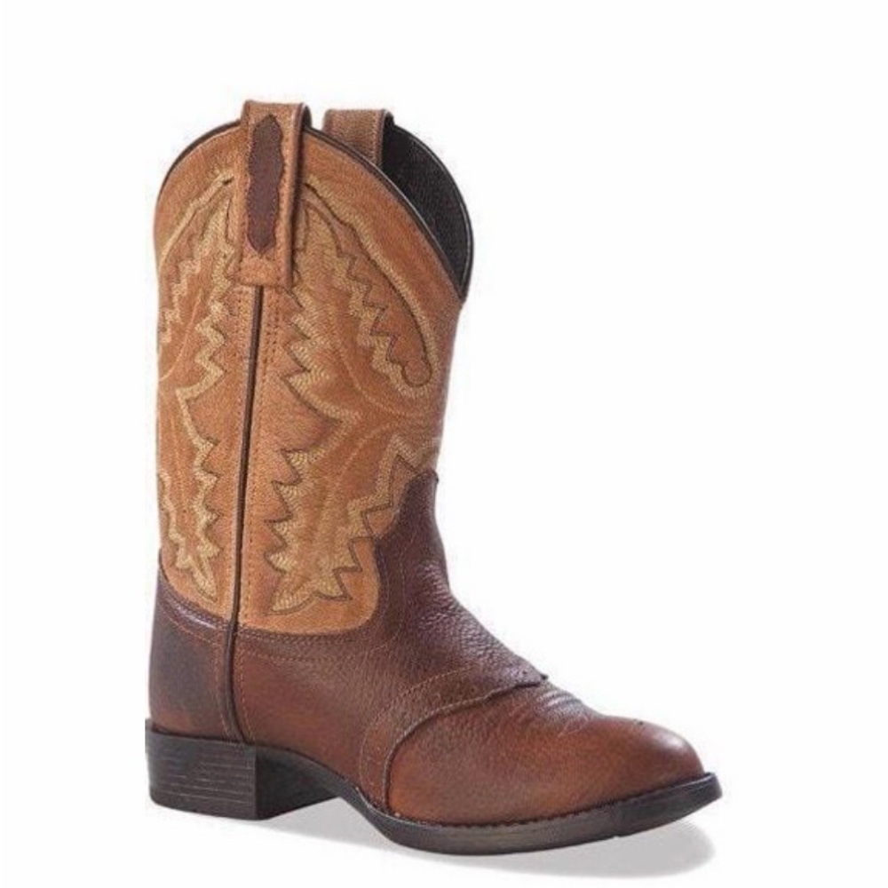 Old West Western Leather Boot Round Toe Saddle Vamp Brown Boys Youth SZ 7 Rodeo